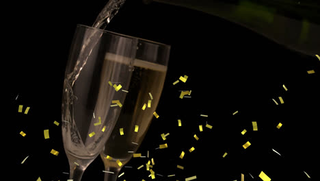 Animation-Von-Konfetti,-Das-über-Champagnergläser-Auf-Schwarzem-Hintergrund-Fällt