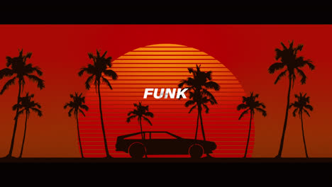 Animation-of-funk-text-over-sunset-and-car