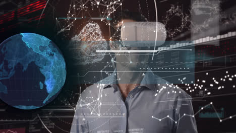 Animation-of-network-of-connections-and-globe-over-man-wearing-vr-headset