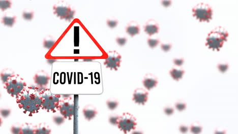 Digital-animation-of-covid-19-text-and-warning-sign-board-against-covid-19-cells-on-white-background