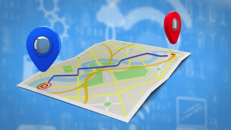 Animation-of-map-with-location-pins-over-digital-icons-on-blue-background