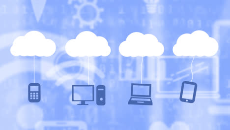 Animation-Von-Online-Symbolen-Und-Digitalen-Clouds-Mit-Elektronischen-Geräten-Auf-Blauem-Hintergrund