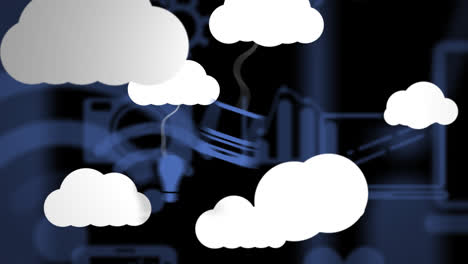 Animation-Von-WLAN--Und-Online-Symbolen-Und-Digitalen-Clouds-Mit-Elektronischen-Geräten-Auf-Blauem-Hintergrund