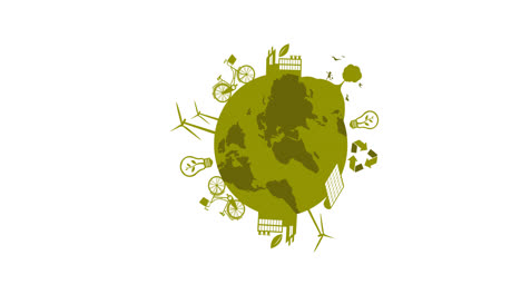 Animation-of-green-globe-with-eco-icons-on-white-background