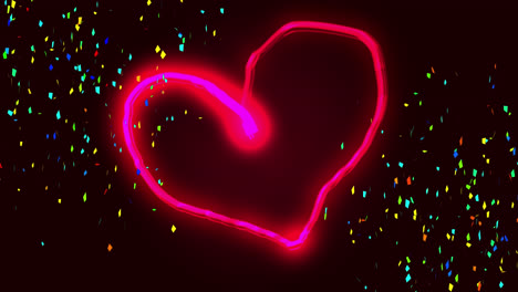 Animation-of-neon-pink-heart-light-drawing,-with-colourful-confetti-falling-on-black-background