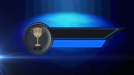 Animation-of-team-and-results-banner-with-gold-cup-and-copy-space-over-glowing-blue-background