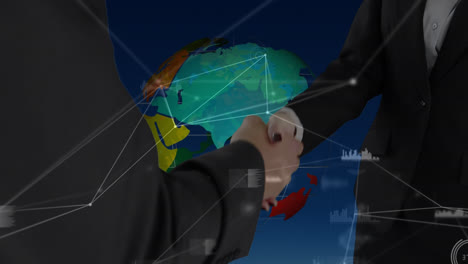 Network-of-connections-over-mid-section-of-two-businessmen-shaking-hands-against-spinning-globe