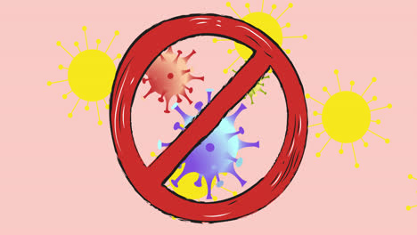 Animation-of-no-entry-sign-over-covid-19-cells-on-pink-background