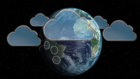 Multiple-clouds-icons-floating-against-pulsating-circles-over-spinning-globe-on-black-background
