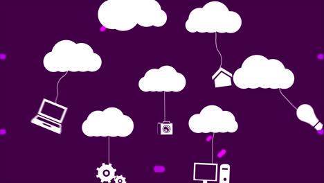 Animation-Weißer-Wolken-Mit-Hängenden-Mediensymbolen-über-Einem-Rosa-Kreisförmigen-Scanner-Auf-Schwarzem-Hintergrund