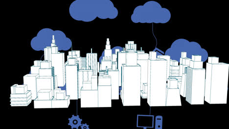 Animation-of-3d-cityscape-spinning-with-clouds-and-digital-icons-on-black-background