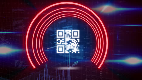 Digital-animation-of-glowing-qr-code-against-spots-of-light-and-data-processing-on-blue-background