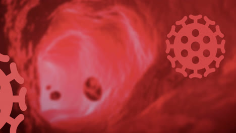 Animation-Einer-Malerpalette-über-Roten-Covid-19-Zellen-Auf-Rotem-Hintergrund