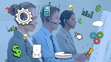 Business-concept-icons-over-team-of-customer-care-executives-wearing-phone-headset-working-at-office