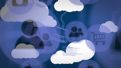 Animation-Von-Online-Symbolen-Und-Digitalen-Clouds-Mit-Elektronischen-Geräten-Auf-Blauem-Hintergrund