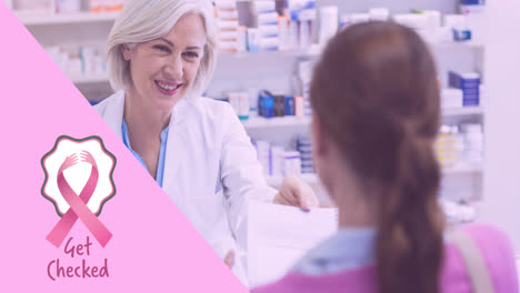 Animation-Eines-Pink-Ribbon-Logos-Mit-Brustkrebs-Text-über-Einer-Pharmakologin