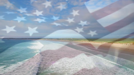 Animation-Einer-Wehenden-Amerikanischen-Flagge-Und-Menschen,-Die-Am-Sonnigen-Meer-Den-Daumen-Hochhalten