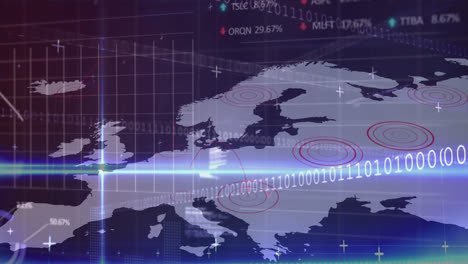 Light-trails-and-stock-market-data-processing-against-pulsating-circles-on-world-map