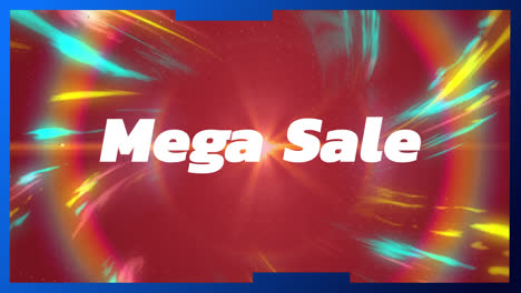Animation-of-mega-sale-text-over-glowing-and-colorful-lights-trails-spinning