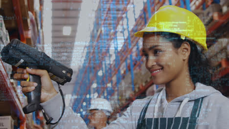 Animation-of-data-processing-over-woman-working-in-warehouse
