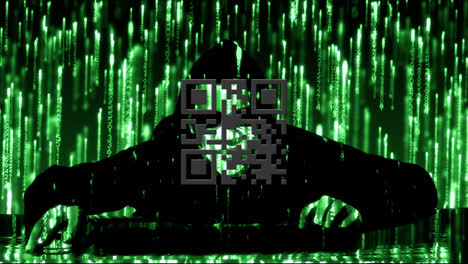 Digital-animation-of-glowing-neon-red-qr-code-against-green-light-trails-falling-over-male-hacker