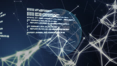 Animation-Der-Datenverarbeitung-Und-Verbindungsnetzwerke-über-Dem-Globus-Auf-Blauem-Hintergrund