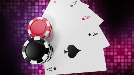 Animation-of-casino-chips-and-playing-cards-over-glowing-red-and-purple-spots