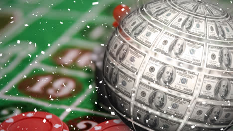 Animation-of-confetti-falling,-globe-with-american-dollars-over-casino-chips