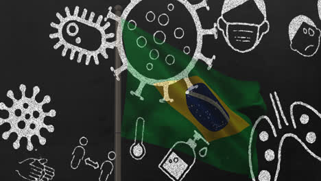 Animation-of-covid-19-virus-cells-and-digital-icons-over-flag-of-brazil