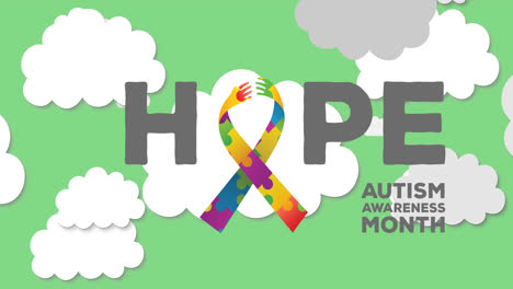 Animation-of-hope-autism-awareness-month-text-ribbon-formed-with-puzzles-over-clouds-on-green-sky