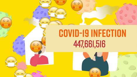 Covid-19-infection-text-with-increasing-cases-over-man-and-woman-talking-on-smartphone-at-home-icons