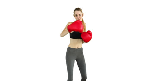 Fittes-Model-Schlägt-Mit-Roten-Boxhandschuhen