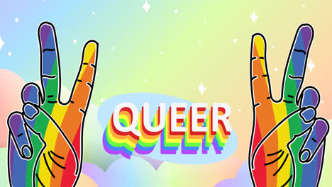 Digital-animation-of-queer-text-and-two-rainbow-colored-hand-peace-signs-over-shining-stars-in-sky