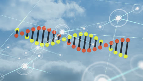 Dna-structure-spinning-and-network-of-profile-icons-against-clouds-in-blue-sky