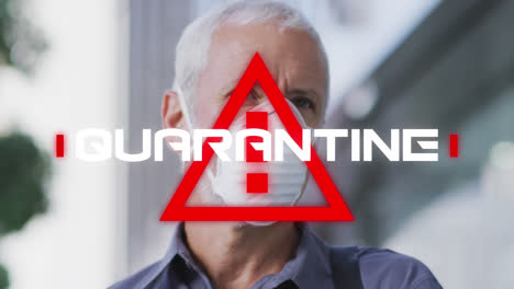 Animation-of-text-quarantine,-over-triangle,-with-man-in-face-mask-in-city-street