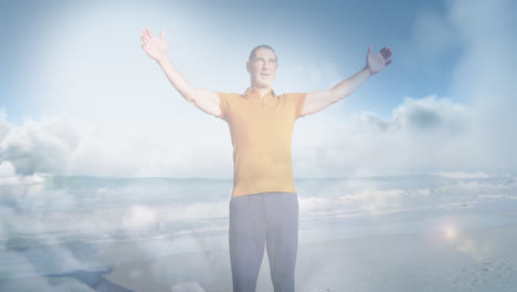 Animation-of-glowing-light-over-happy-senior-man-by-seaside
