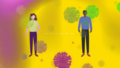 Man-and-woman-icons-maintaining-social-distancing-over-multiple-covid-19-cells-on-yellow-background
