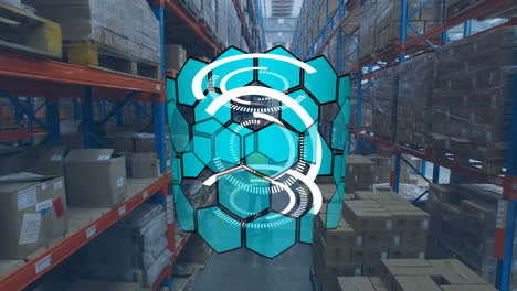 Round-scanners-and-hexagonal-shape-spinning-against-warehouse-in-background