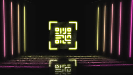 Digital-animation-of-glowing-neon-yellow-qr-code-against-glowing-lines-on-black-background