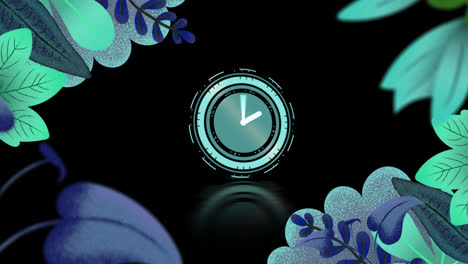 Animation-of-frame-of-green-and-blue-foliage-and-clock-with-rotating-hands-on-black-background