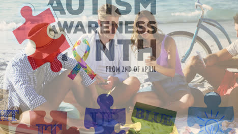 Animation-of-autism-awareness-text-and-colorful-puzzle-pieces-over-happy-people-on-the-beach