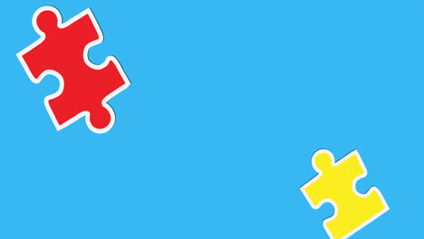 Animation-Von-Grünen,-Roten-Und-Gelben-Puzzleteilen,-Die-Auf-Blauen-Hintergrund-Fallen