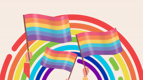 Digital-animation-of-hands-holding-gay-pride-flags-over-rainbow-circle-on-pink-background