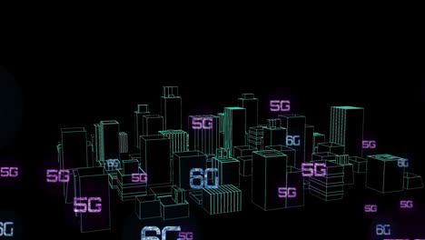 Animation-of-network-of-connections-with-6g-text-over-cityscape