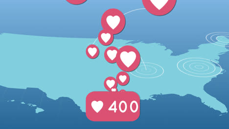 Heart-icons-and-increasing-likes-against-light-trails-on-pulsating-circles-over-world-map