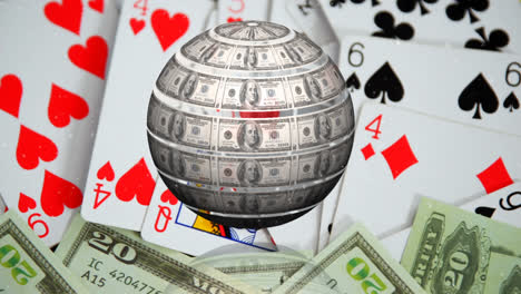 Animation-of-globe-of-dollars-rotating-over-playing-cards-and-dollar-bills