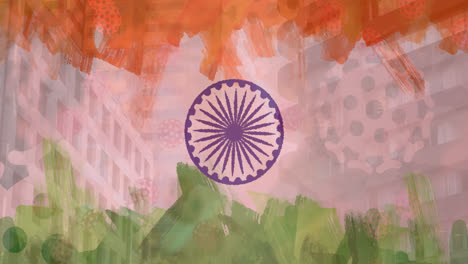 Composición-De-Células-Covid-19-Y-Edificios-Modernos-Sobre-Bandera-India
