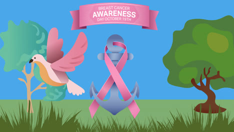 Animation-of-pink-ribbon-anchor-logo-and-breast-cancer-text-over-trees-and-bird