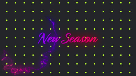 Animation-of-new-season-text-over-glowing-yellow-dots-and-moving-colorful-wave