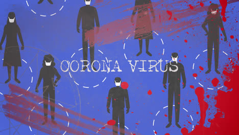 Coronavirus-Text-über-Der-Silhouette-Von-Menschen,-Die-Soziale-Distanzierungssymbole-Auf-Blauem-Hintergrund-Beibehalten